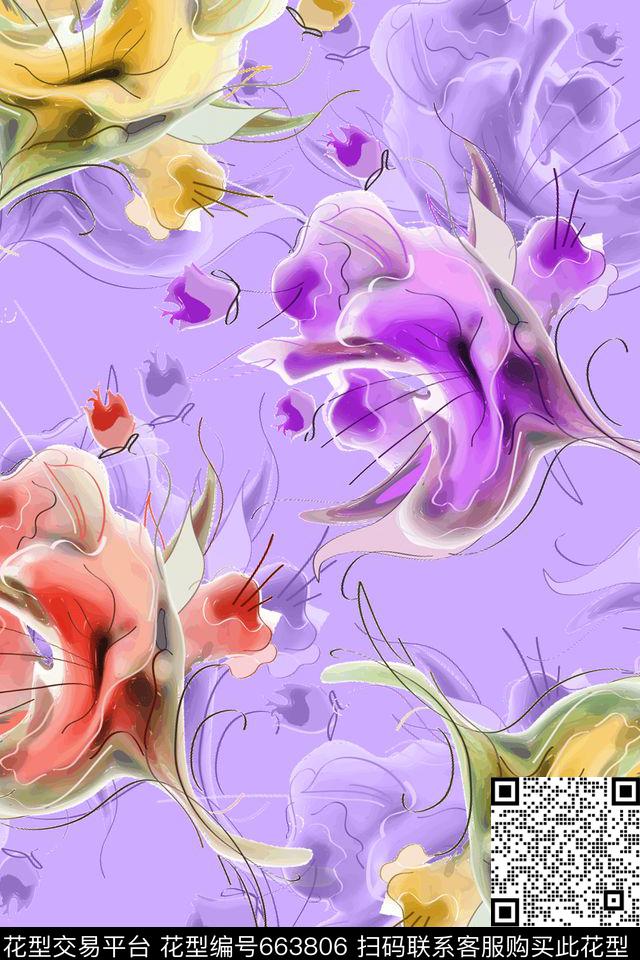 水墨抽象花卉抽象花卉数码印花华亿平台下载（图片编号: 663806） - 瓦栏（Walan）