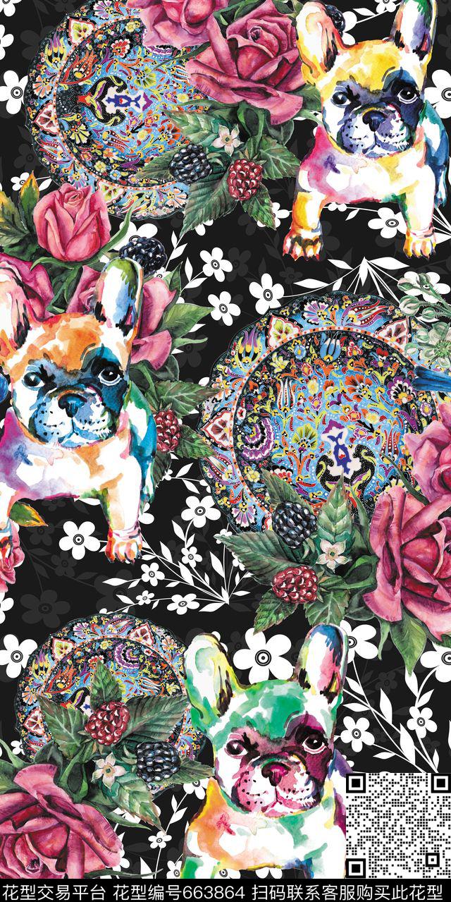 花卉花盘小狗数码印花华亿平台下载（图片编号: 663864） - 瓦栏（Walan）