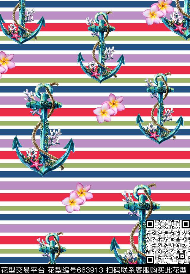 条纹航海风时尚休闲数码印花华亿平台下载（图片编号: 663913） - 瓦栏（Walan）