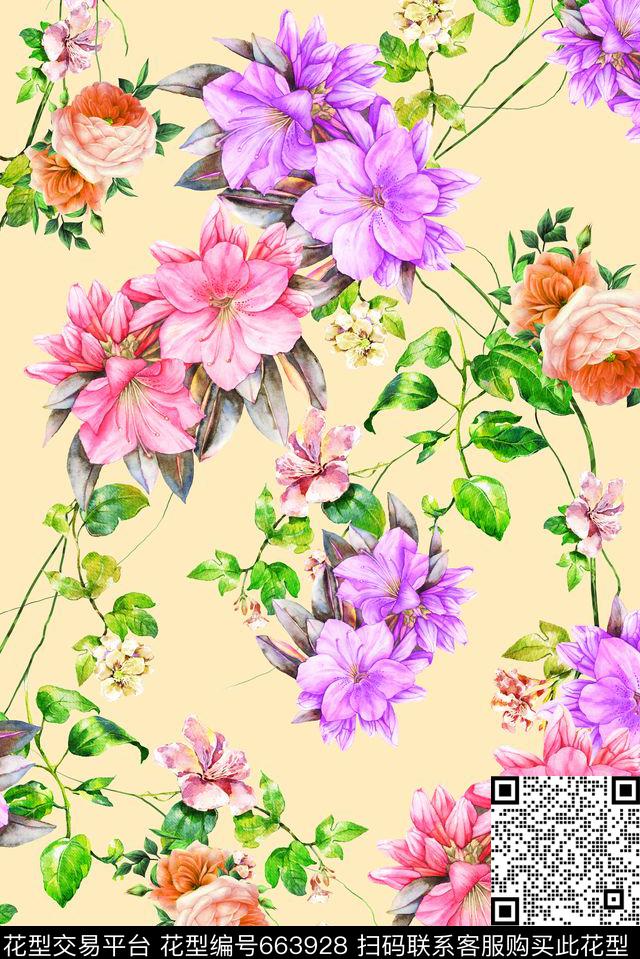 小清新手绘花卉浅色浪漫数码印花华亿平台下载（图片编号: 663928） - 瓦栏（Walan）