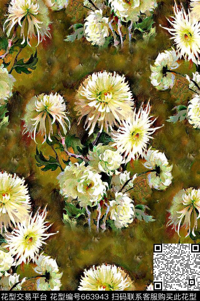 时尚抽象手绘菊花花卉数码印花时尚潮流女装裙子外套油画彩绘印花时尚潮流欧美大牌女装男装外套夹克复古抽象印花数码印花华亿平台下载（图片编号: 663943） - 瓦栏（Walan）