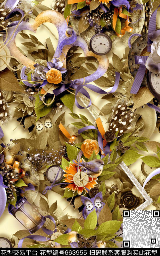 花朵花卉猫头鹰数码印花华亿平台下载（图片编号: 663955） - 瓦栏（Walan）