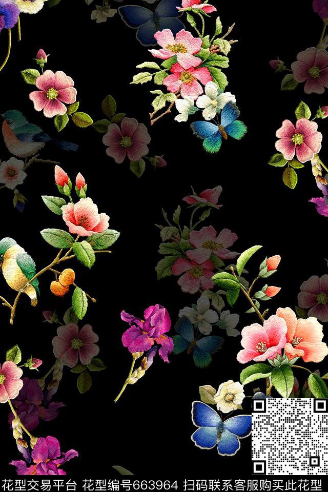 流行时尚刺绣花卉数码印花华亿平台下载（图片编号: 663964） - 瓦栏（Walan）