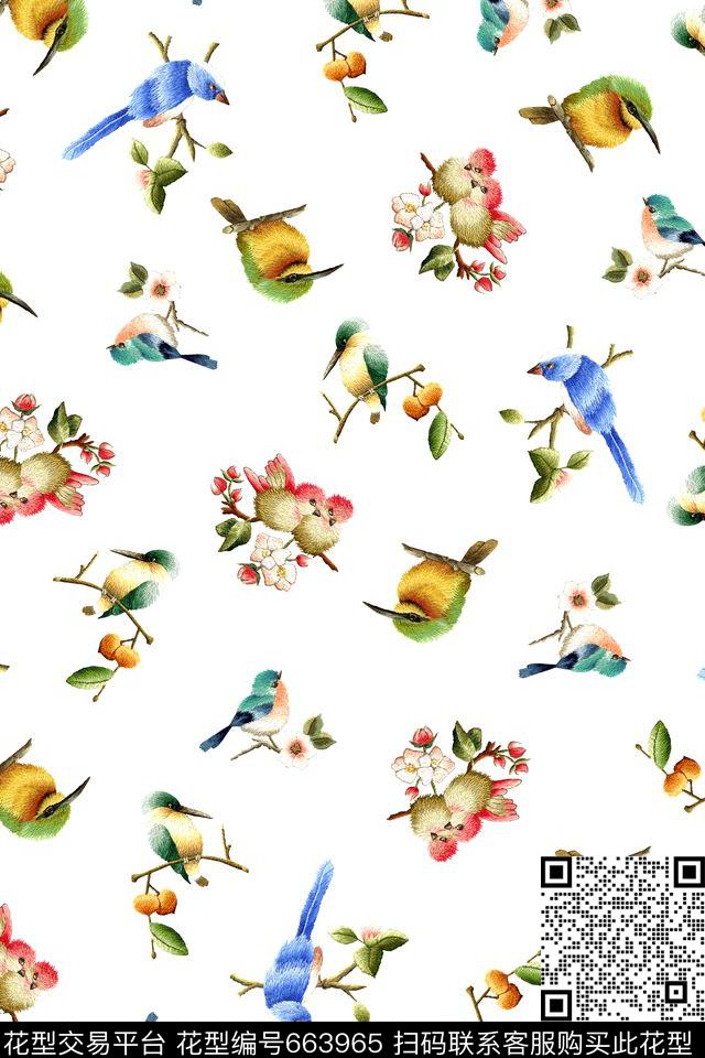 流行时尚花卉鸟数码印花华亿平台下载（图片编号: 663965） - 瓦栏（Walan）
