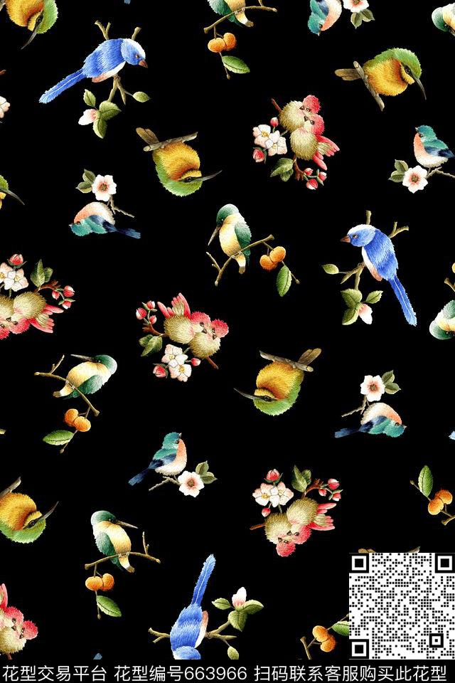 流行时尚花卉鸟数码印花华亿平台下载（图片编号: 663966） - 瓦栏（Walan）