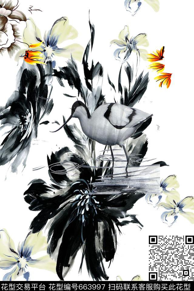 黑色系独幅黑白花数码印花华亿平台下载（图片编号: 663997） - 瓦栏（Walan）