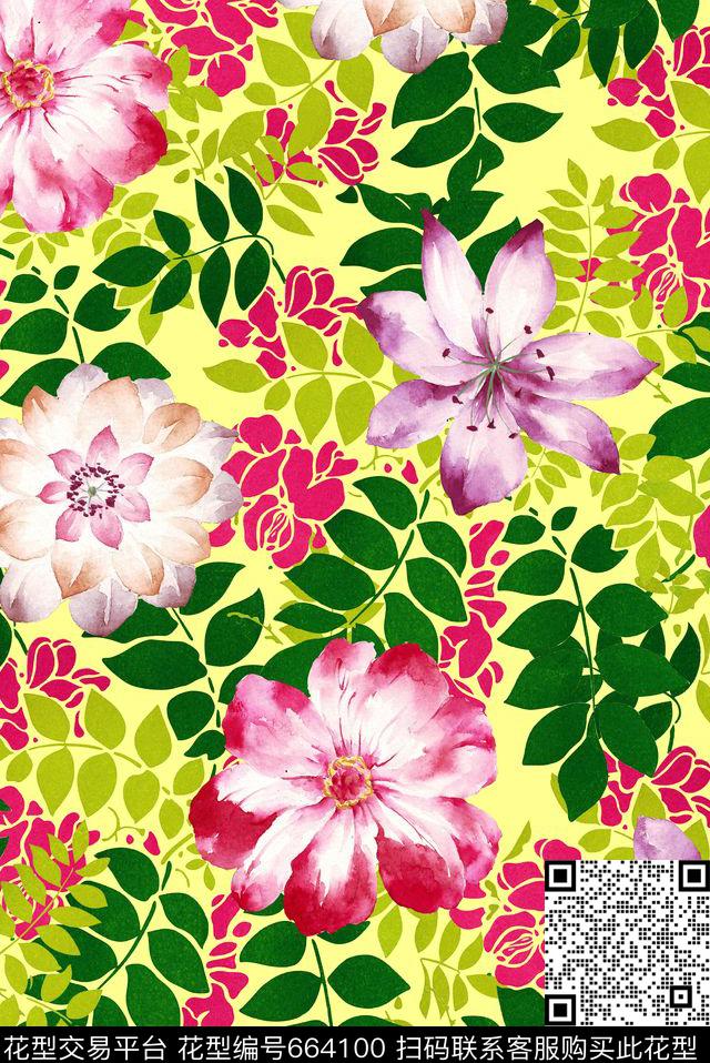 手绘水彩大花花卉数码印花华亿平台下载（图片编号: 664100） - 瓦栏（Walan）
