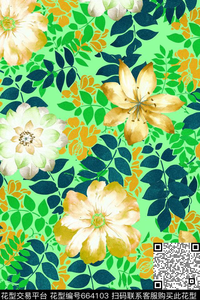 手绘水彩大花花卉数码印花华亿平台下载（图片编号: 664103） - 瓦栏（Walan）