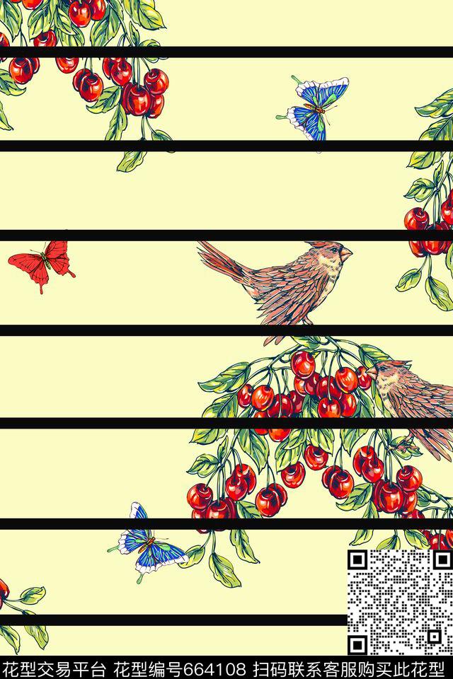 条纹蝴蝶水果数码印花华亿平台下载（图片编号: 664108） - 瓦栏（Walan）
