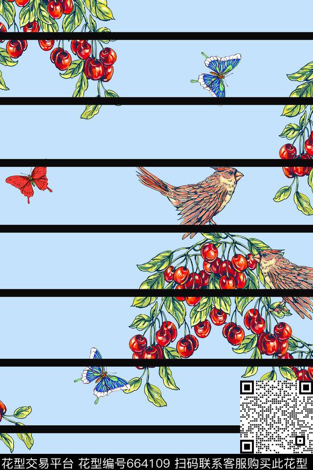 条纹蝴蝶水果数码印花华亿平台下载（图片编号: 664109） - 瓦栏（Walan）
