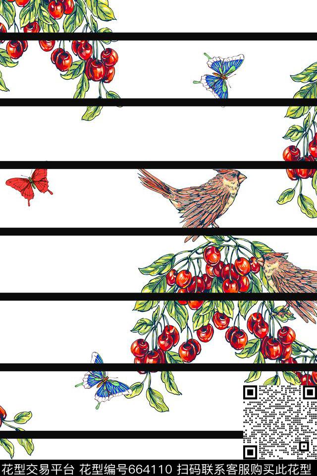 条纹蝴蝶水果数码印花华亿平台下载（图片编号: 664110） - 瓦栏（Walan）