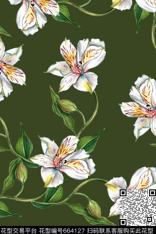 绿叶藤条花卉数码印花华亿平台下载（图片编号: 664127） - 瓦栏（Walan）