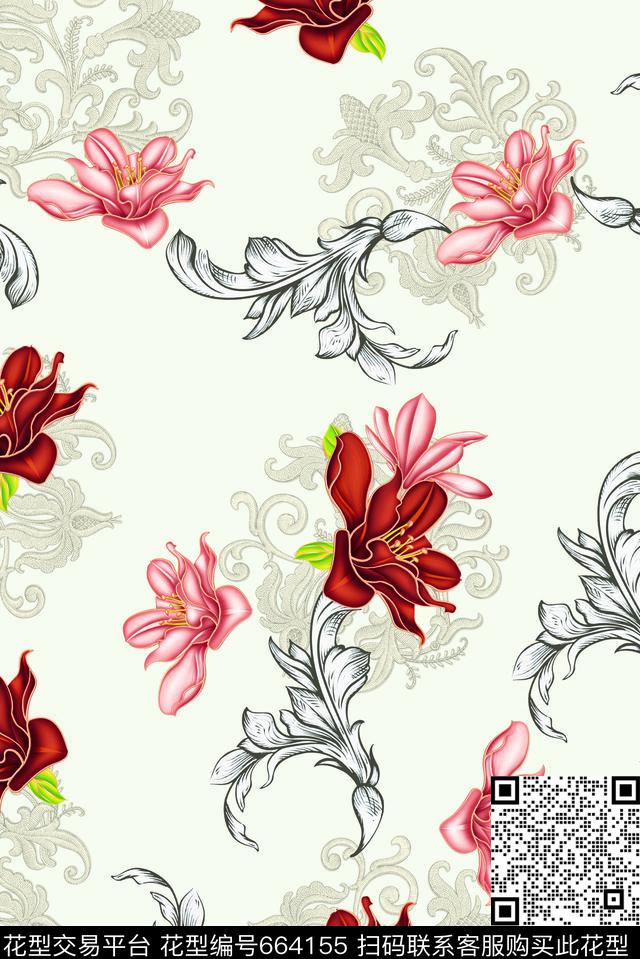 花卉立体花纹旗袍数码印花华亿平台下载（图片编号: 664155） - 瓦栏（Walan）