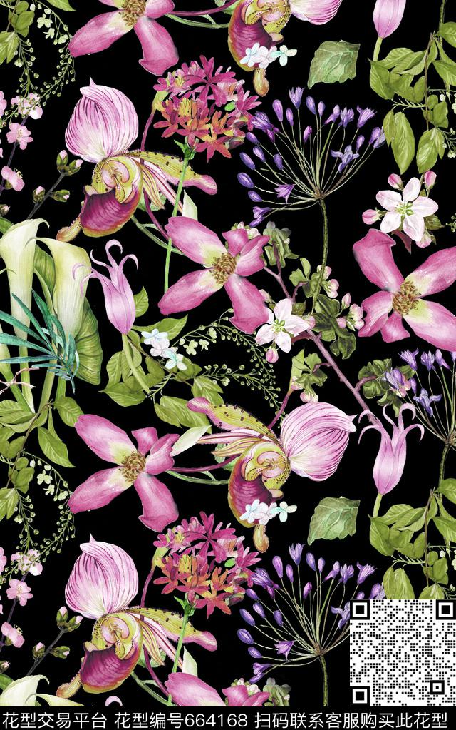 玫瑰牡丹兰花数码印花华亿平台下载（图片编号: 664168） - 瓦栏（Walan）