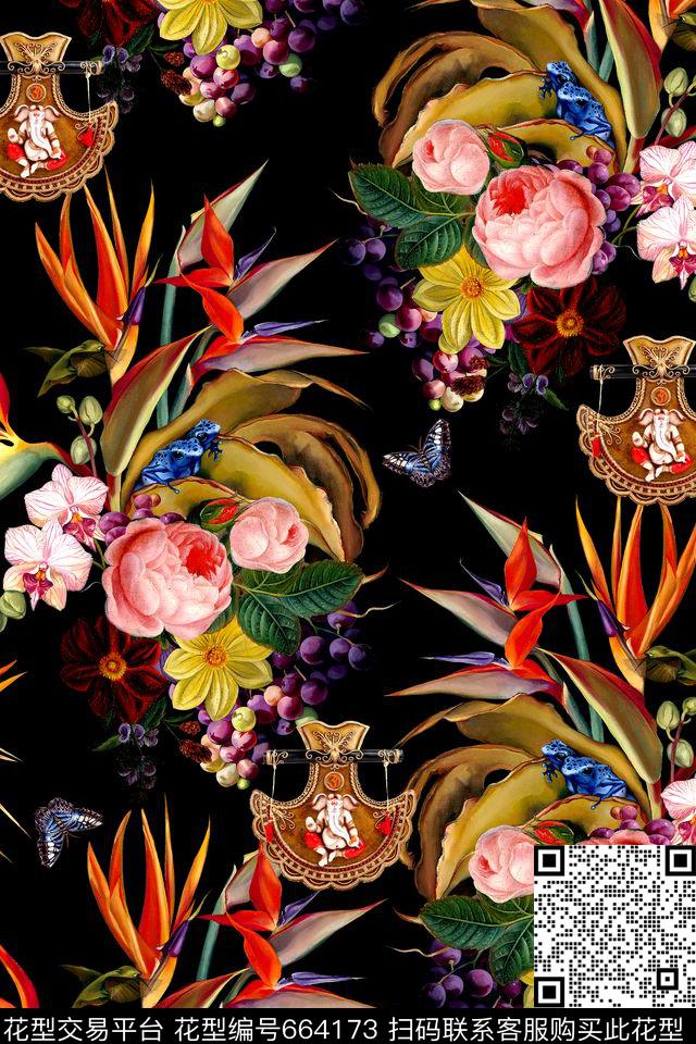 时尚手绘花卉数码印花华亿平台下载（图片编号: 664173） - 瓦栏（Walan）