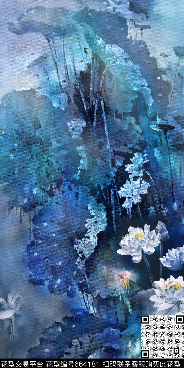 中国风荷花国画数码印花华亿平台下载（图片编号: 664181） - 瓦栏（Walan）