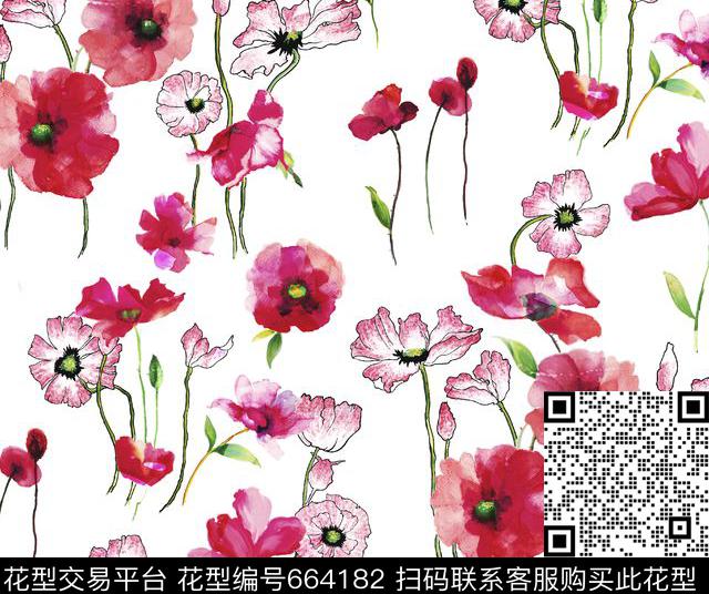 写意水彩手绘水彩花卉红色虞美人数码印花华亿平台下载（图片编号: 664182） - 瓦栏（Walan）