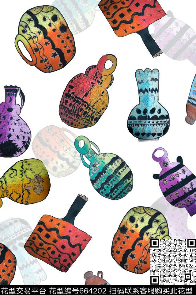 儿童画陶罐抽象数码印花华亿平台下载（图片编号: 664202） - 瓦栏（Walan）