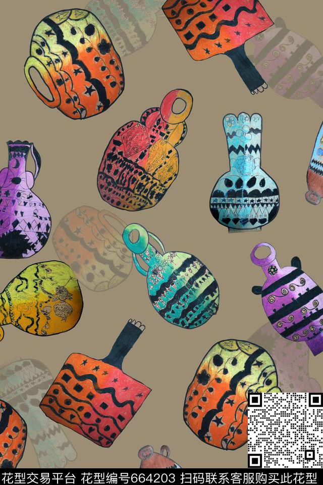 儿童画陶罐抽象数码印花华亿平台下载（图片编号: 664203） - 瓦栏（Walan）