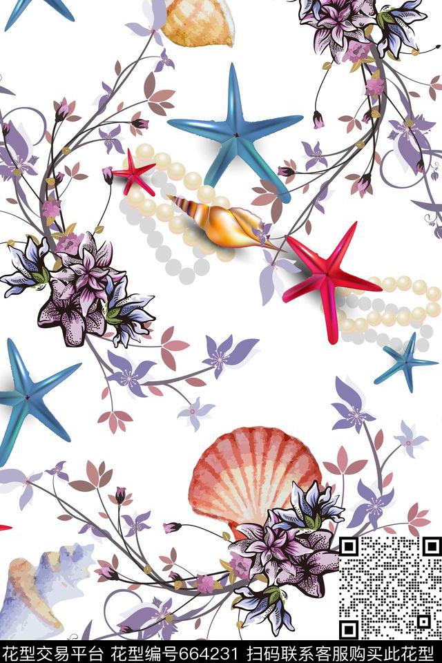 海洋生物乱花大花数码印花华亿平台下载（图片编号: 664231） - 瓦栏（Walan）
