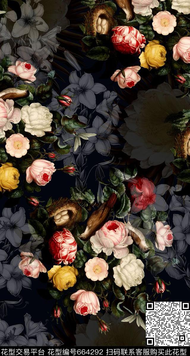 花卉黑底花卉国外手绘花卉数码印花华亿平台下载（图片编号: 664292） - 瓦栏（Walan）