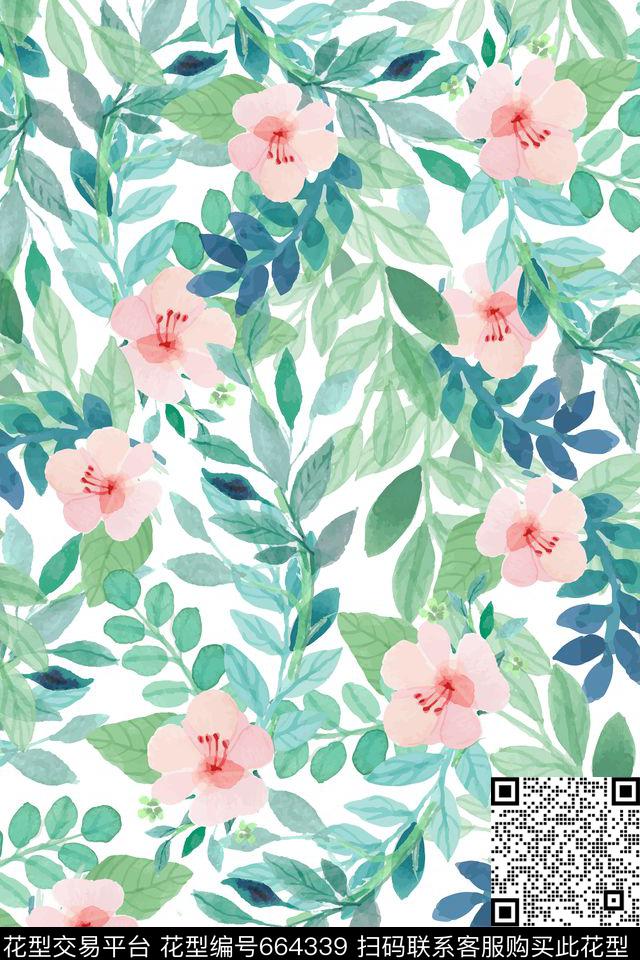 浪漫花卉清新淡雅手绘花朵数码印花华亿平台下载（图片编号: 664339） - 瓦栏（Walan）