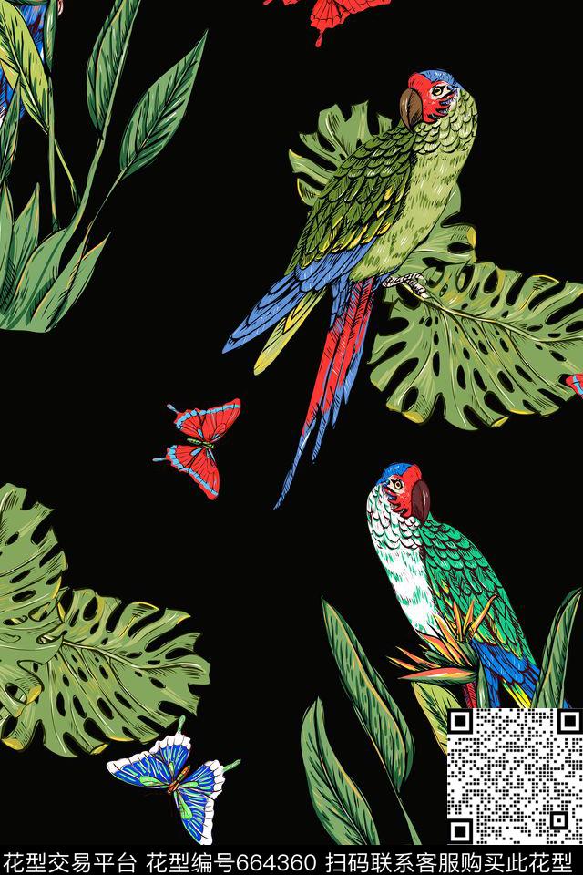 树叶花朵蝴蝶传统印花华亿平台下载（图片编号: 664360） - 瓦栏（Walan）