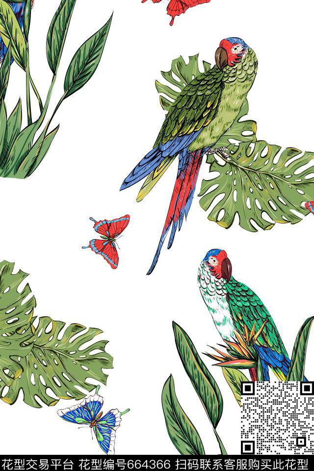 树叶花朵蝴蝶传统印花华亿平台下载（图片编号: 664366） - 瓦栏（Walan）