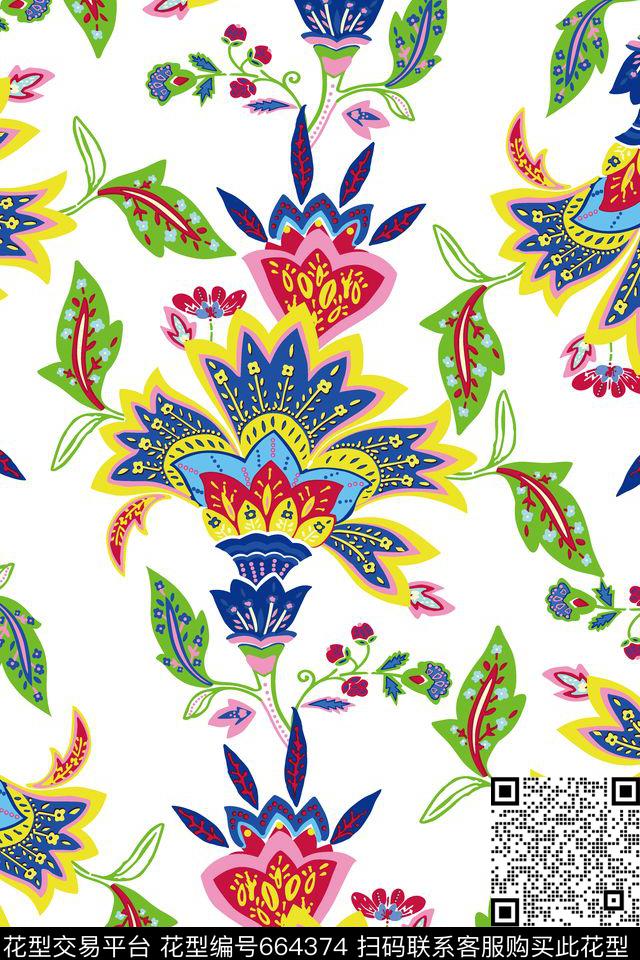 欧美手绘线条花卉传统印花华亿平台下载（图片编号: 664374） - 瓦栏（Walan）