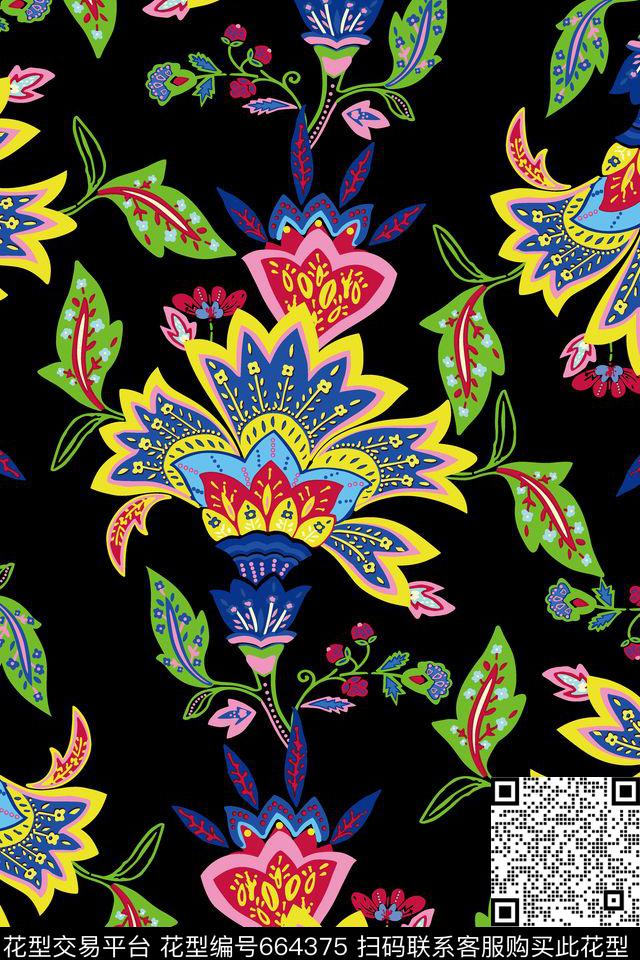 蝴蝶兰欧美手绘线条传统印花华亿平台下载（图片编号: 664375） - 瓦栏（Walan）