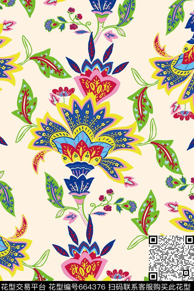 蝴蝶兰欧美手绘线条传统印花华亿平台下载（图片编号: 664376） - 瓦栏（Walan）