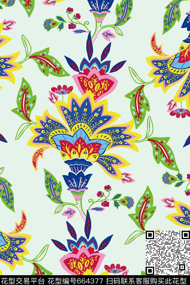 蝴蝶兰欧美手绘线条传统印花华亿平台下载（图片编号: 664377） - 瓦栏（Walan）