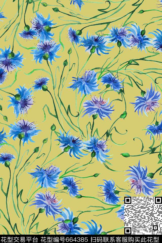 手绘纤瘦花卉数码印花华亿平台下载（图片编号: 664385） - 瓦栏（Walan）