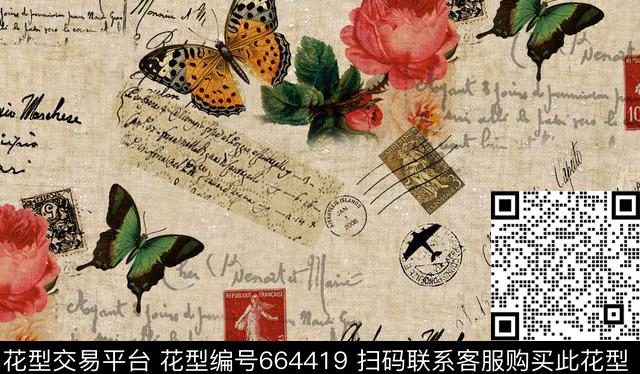 蝴蝶邮戳英文字母数码印花华亿平台下载（图片编号: 664419） - 瓦栏（Walan）