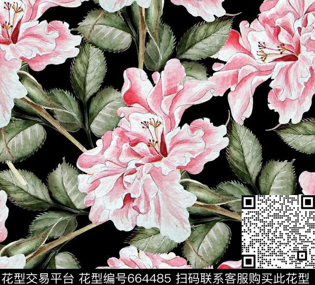 手绘大朵花卉数码印花华亿平台下载（图片编号: 664485） - 瓦栏（Walan）