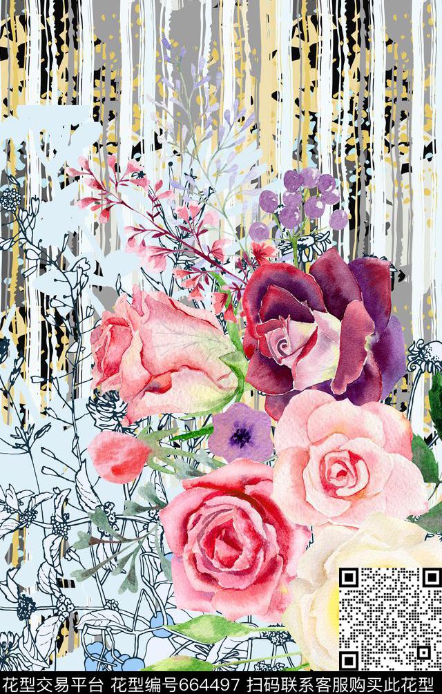 定位大朵手绘数码印花华亿平台下载（图片编号: 664497） - 瓦栏（Walan）