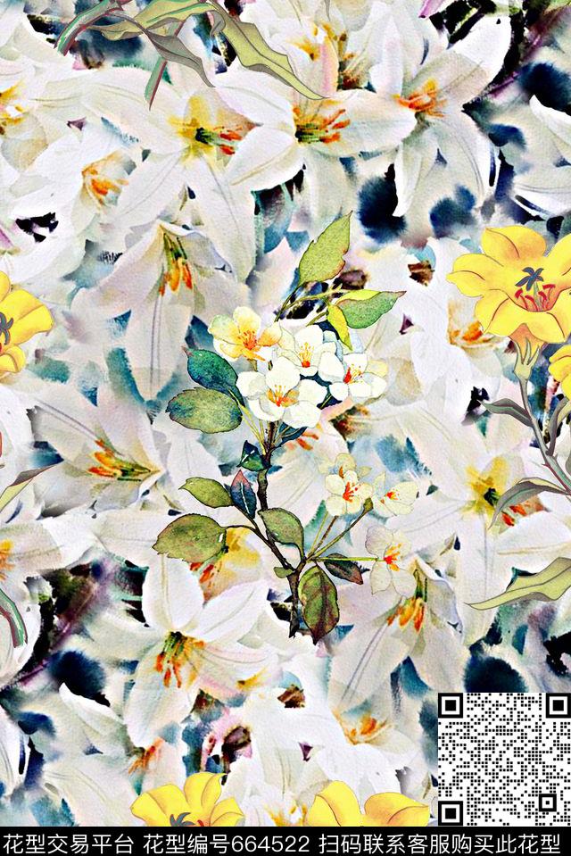 时尚抽象手绘水彩画花卉数码印花时尚潮流清爽春夏女装裙子雪纺真丝布料印花时尚大牌复古丝巾花朵印花数码印花华亿平台下载（图片编号: 664522） - 瓦栏（Walan）
