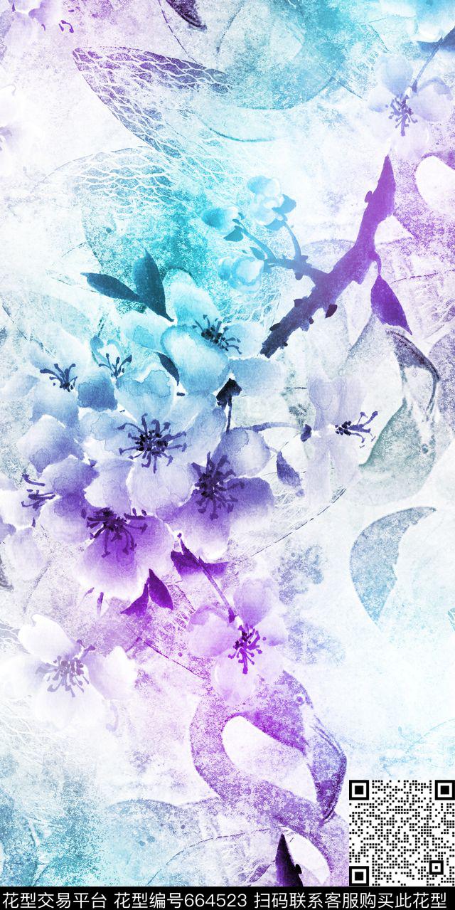 竹叶大花花朵数码印花华亿平台下载（图片编号: 664523） - 瓦栏（Walan）