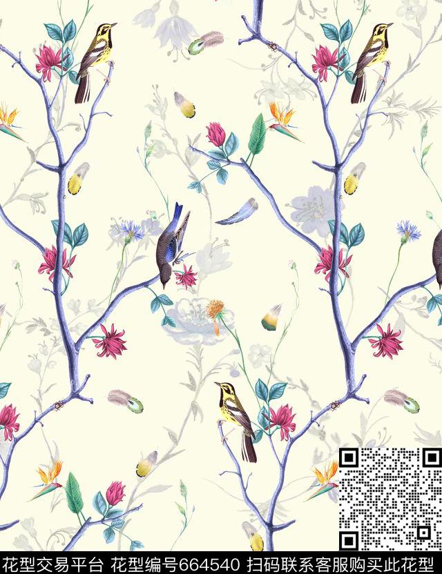 鸟枝叶羽毛数码印花华亿平台下载（图片编号: 664540） - 瓦栏（Walan）