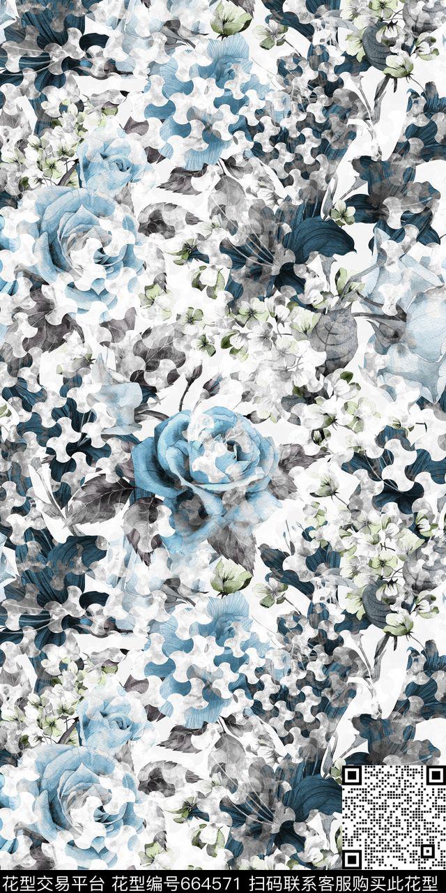 波浪纹蓝色妖姬玫瑰数码印花华亿平台下载（图片编号: 664571） - 瓦栏（Walan）