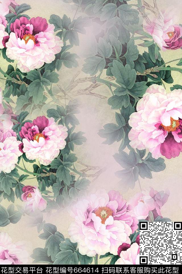 牡丹花卉中国风牡丹花数码印花华亿平台下载（图片编号: 664614） - 瓦栏（Walan）