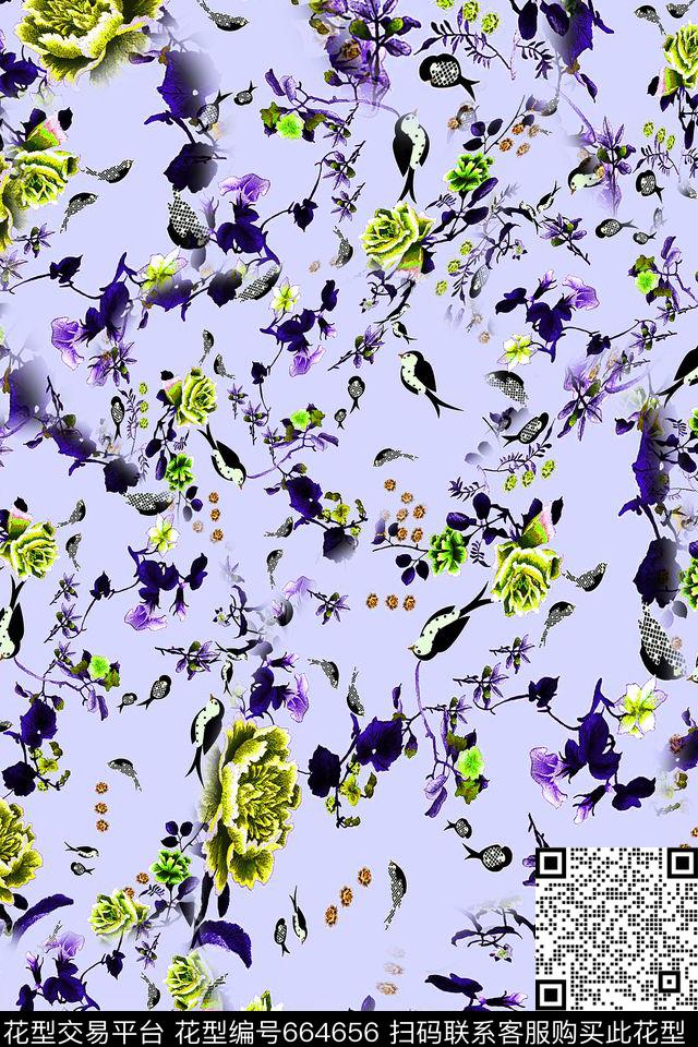 鸟儿羽毛花卉数码印花华亿平台下载（图片编号: 664656） - 瓦栏（Walan）