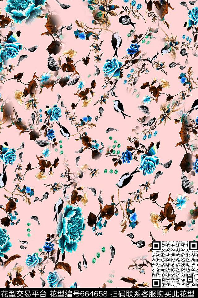鸟儿羽毛花卉数码印花华亿平台下载（图片编号: 664658） - 瓦栏（Walan）