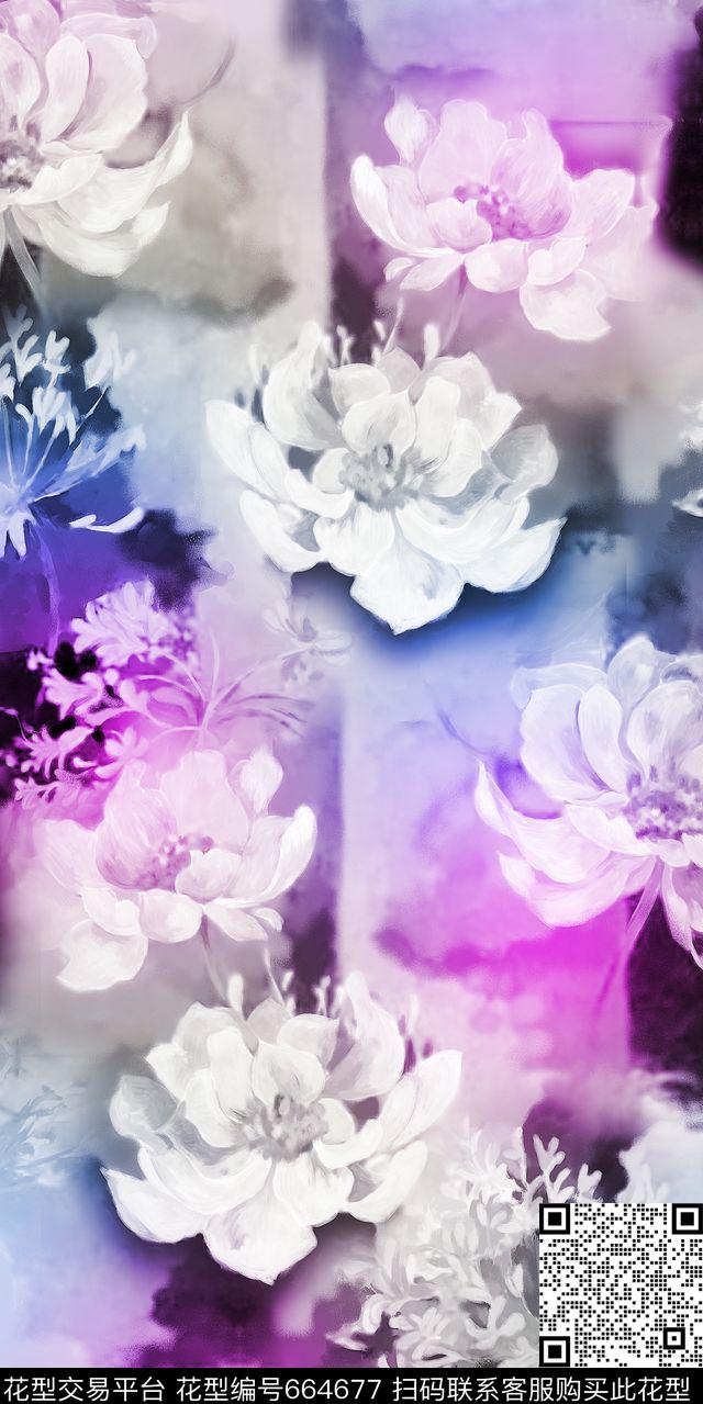 荷花水墨画大花数码印花华亿平台下载（图片编号: 664677） - 瓦栏（Walan）