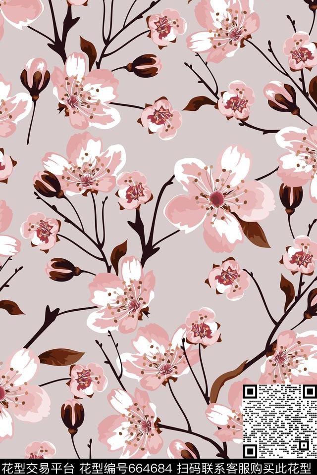花瓣桃花大花传统印花华亿平台下载（图片编号: 664684） - 瓦栏（Walan）