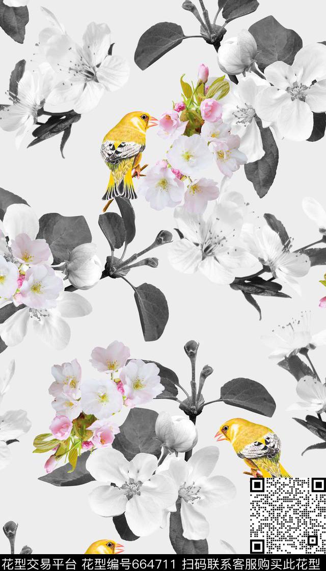 春季花卉鸟清新时尚数码印花华亿平台下载（图片编号: 664711） - 瓦栏（Walan）