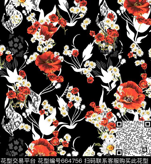 康乃馨雏菊几何传统印花华亿平台下载（图片编号: 664756） - 瓦栏（Walan）