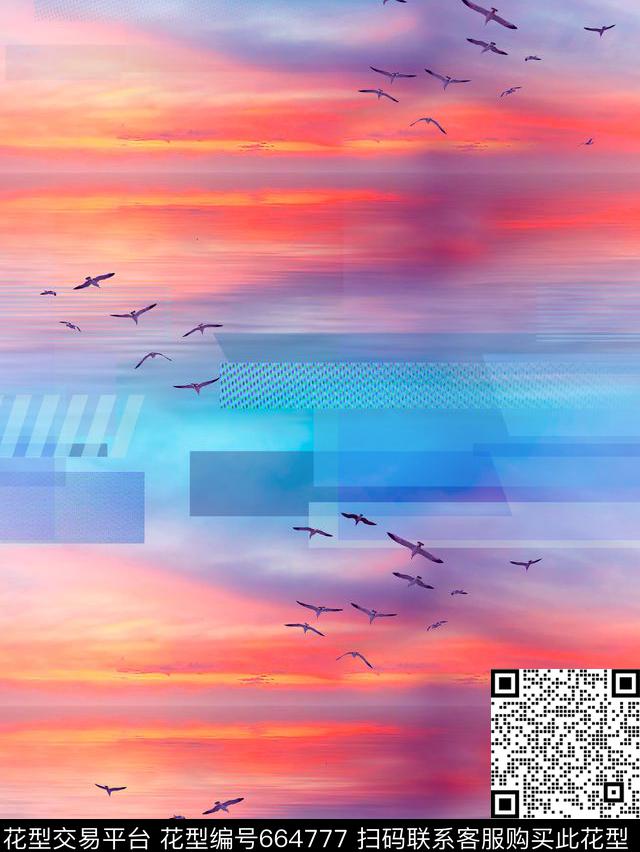 海洋元素飞鸟天空背景数码印花华亿平台下载（图片编号: 664777） - 瓦栏（Walan）