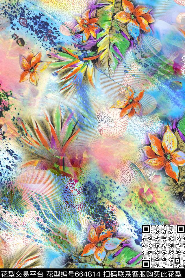 海洋风格抽象花卉数码印花华亿平台下载（图片编号: 664814） - 瓦栏（Walan）