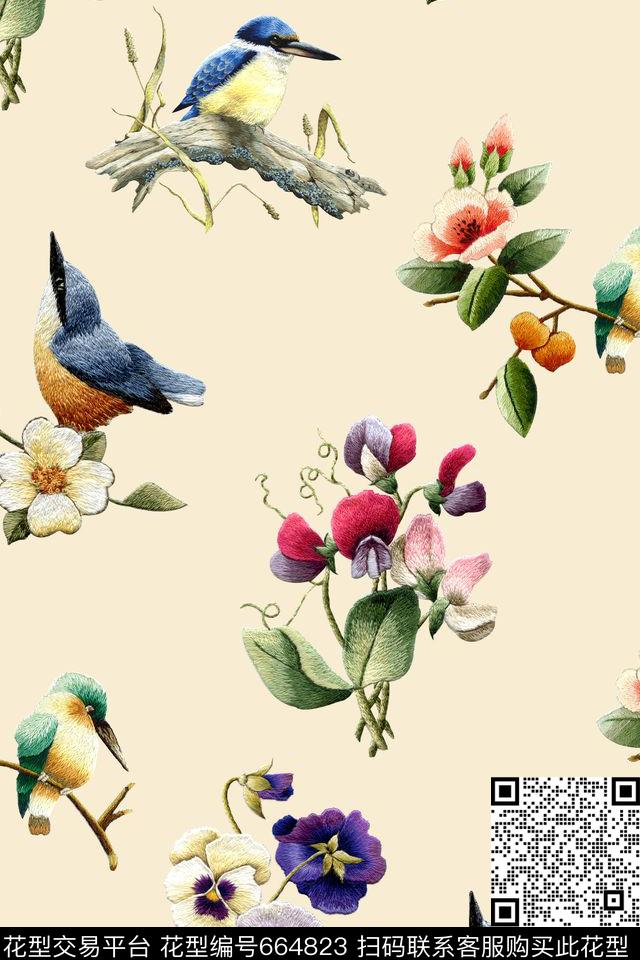 民族风鸟花卉数码印花华亿平台下载（图片编号: 664823） - 瓦栏（Walan）